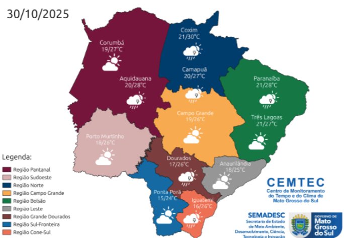 Chuvas se afastam e temperaturas permanecem amenas em MS nesta quinta