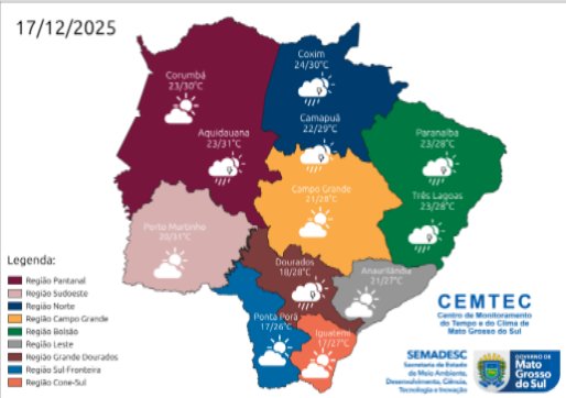 Aproximação de frente fria garante temperaturas amenas e chuva a MS nesta quarta-feira
