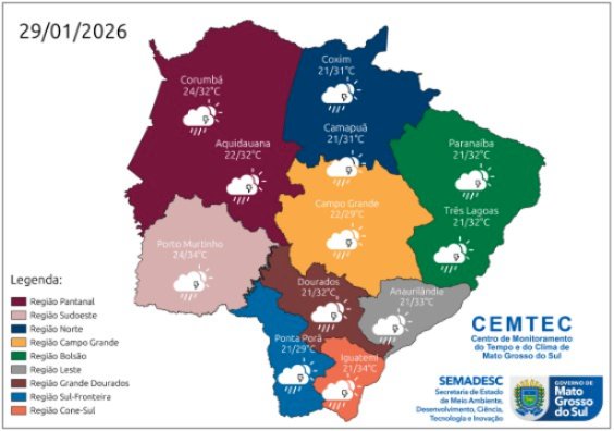 Chuvas devem atingir todo MS nesta quinta-feira, indica previsão do tempo